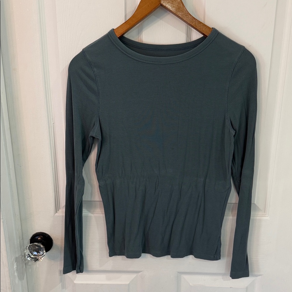 a new day Long Sleeve Ribbed Crewneck Top - Slate Green